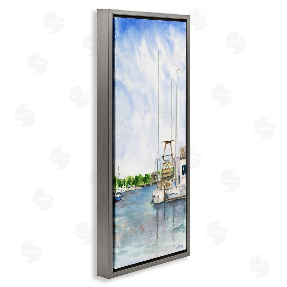 Melissa Hyatt Boats at Dock Summer Lakeside Landscape Gray Floater Frame Canvas Art