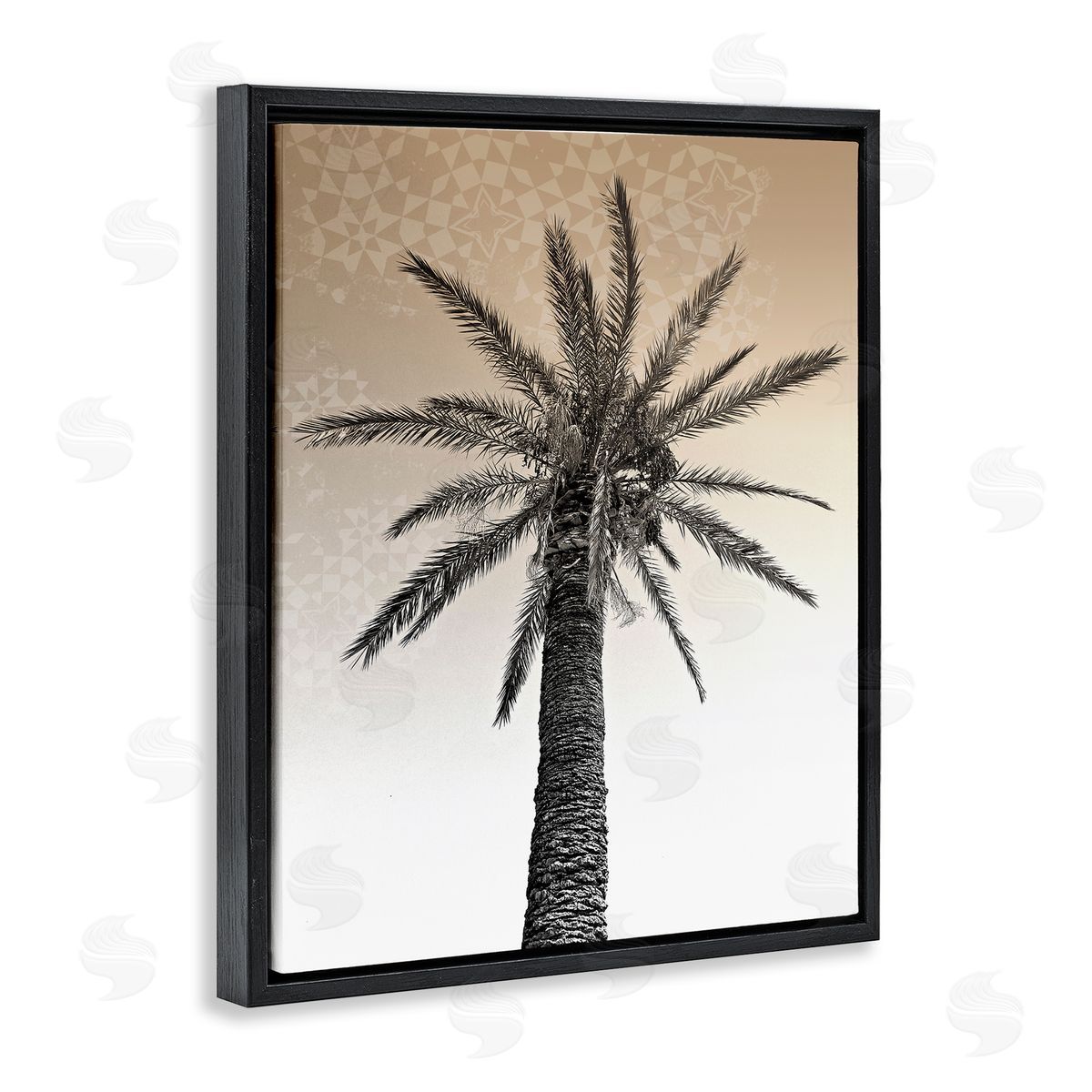 Stupell Studio Palm Tree Tropics Beige Geometric Pattern Sky Black Floater Frame Canvas Art