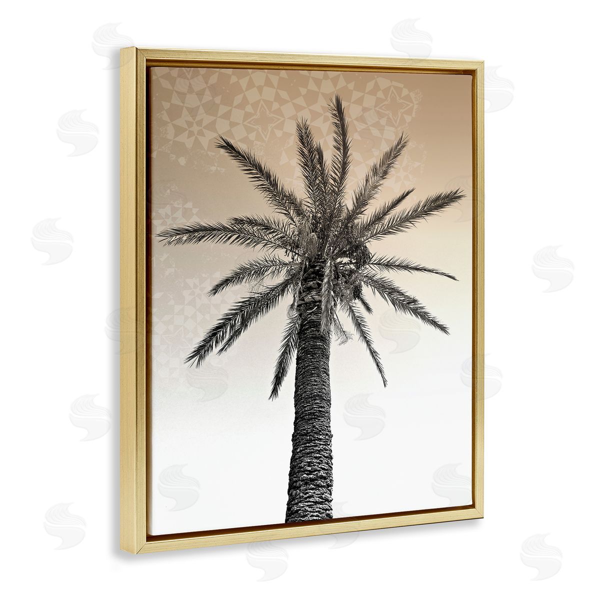 Stupell Studio Palm Tree Tropics Beige Geometric Pattern Sky Gold Floater Frame Canvas Art