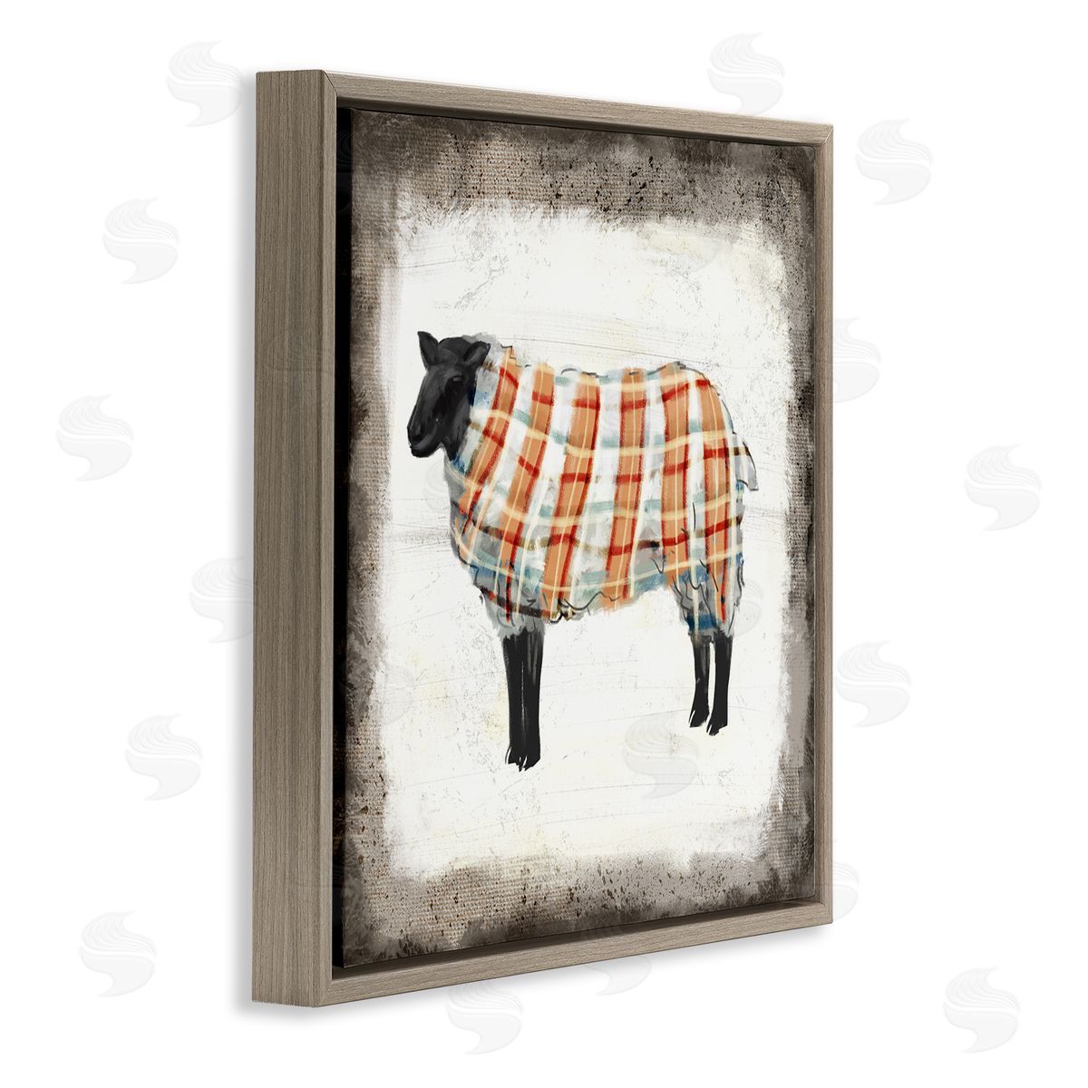Ziwei Li Black Farm Sheep In Autumn Plaid Sweater  Brown Floater Frame Canvas Art