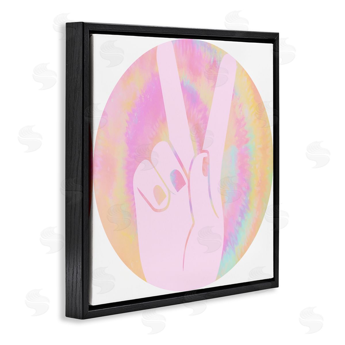 Stupell Studio Peace Sign Hand Pose Groovy Pink Pattern Black Floater Frame Canvas Art