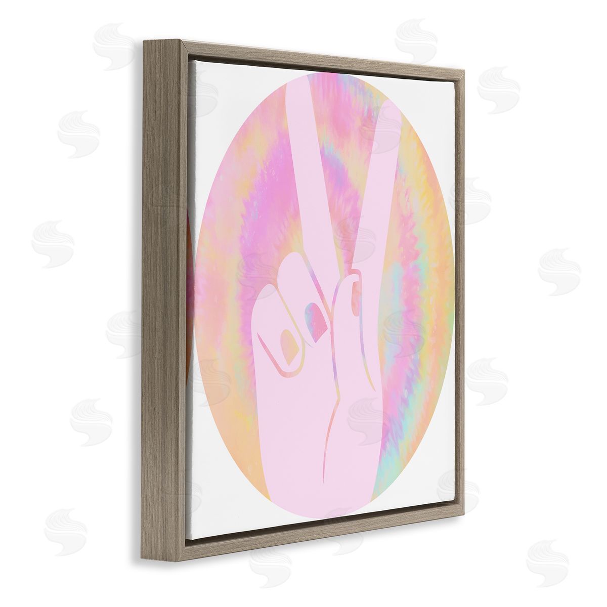 Stupell Studio Peace Sign Hand Pose Groovy Pink Pattern Brown Floater Frame Canvas Art