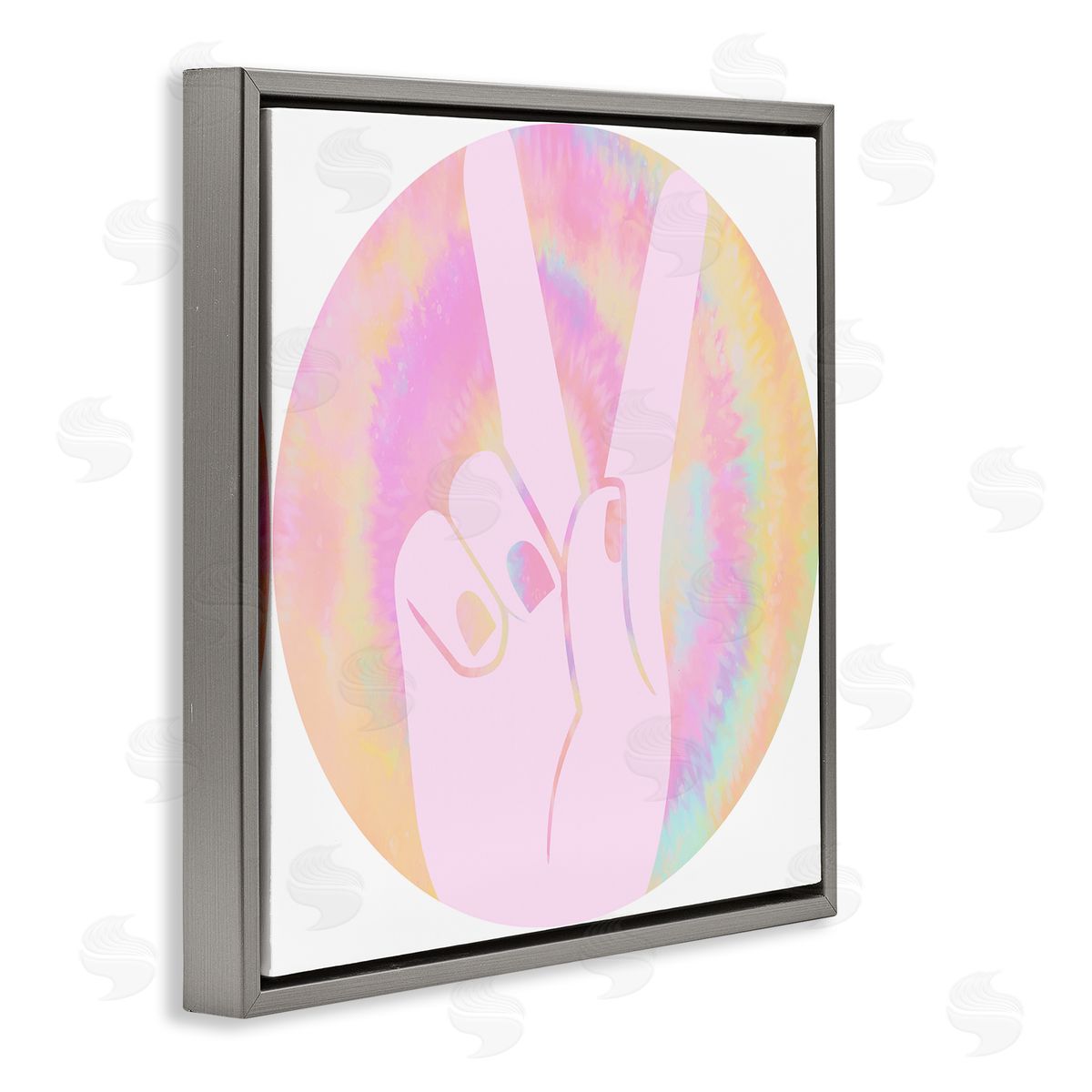 Stupell Studio Peace Sign Hand Pose Groovy Pink Pattern Gray Floater Frame Canvas Art