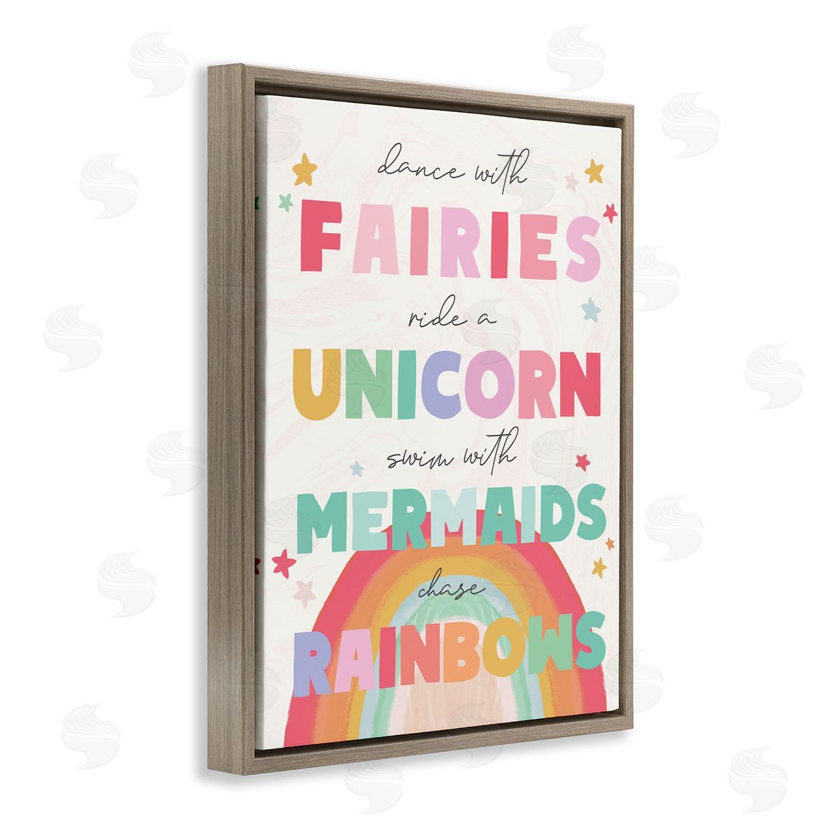 Stupell Studio Fairies Unicorns Mermaids and Rainbows Whimsical Design Brown Floater Frame Canvas Art