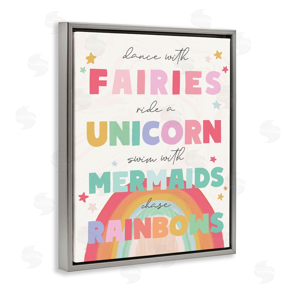 Stupell Studio Fairies Unicorns Mermaids and Rainbows Whimsical Design Gray Floater Frame Canvas Art