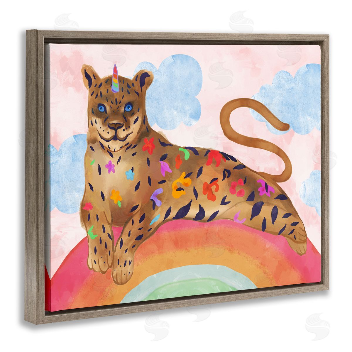 Stupell Studio Fantasy Jungle Cat On Mystical Rainbow Brown Floater Frame Canvas Art