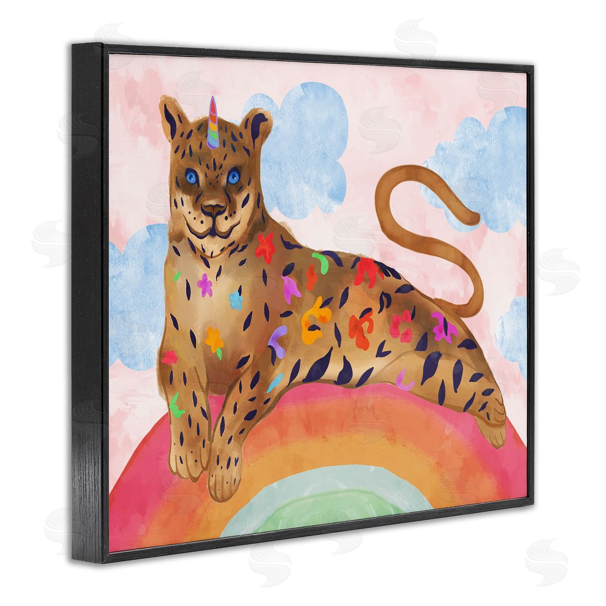 Stupell Studio Fantasy Jungle Cat On Mystical Rainbow Black Framed Giclee Wall Art