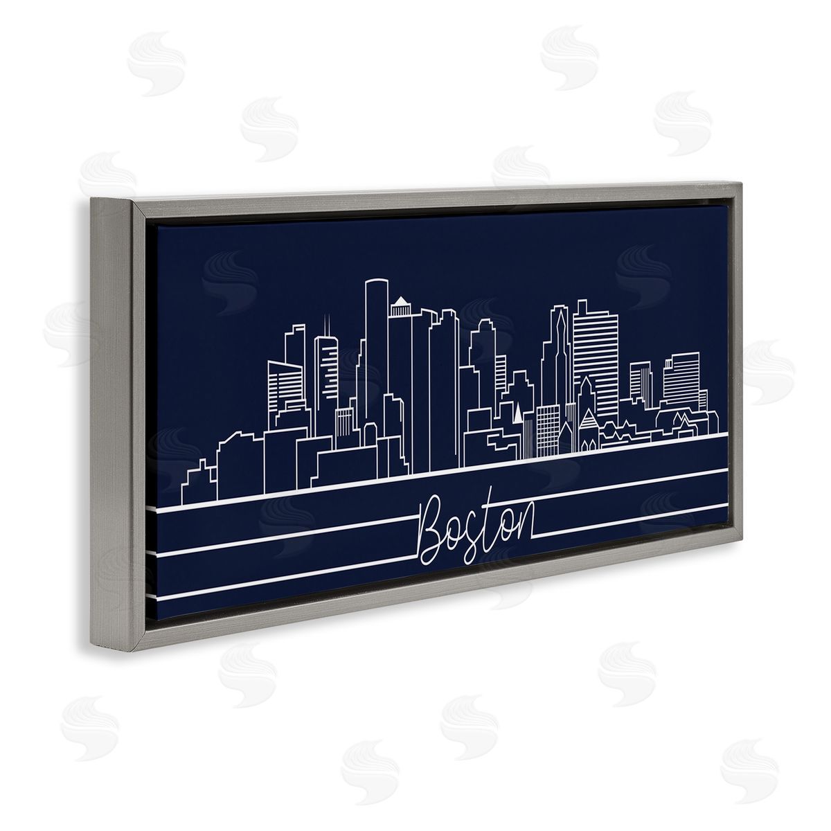Stupell Studio Boston City Skyline Outline Deep Blue White Gray Floater Frame Canvas Art