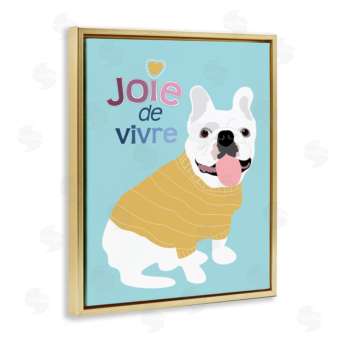 Ginger Oliphant Joie de Vivre French Phrase White Bulldog Pet  Gold Floater Frame Canvas Art