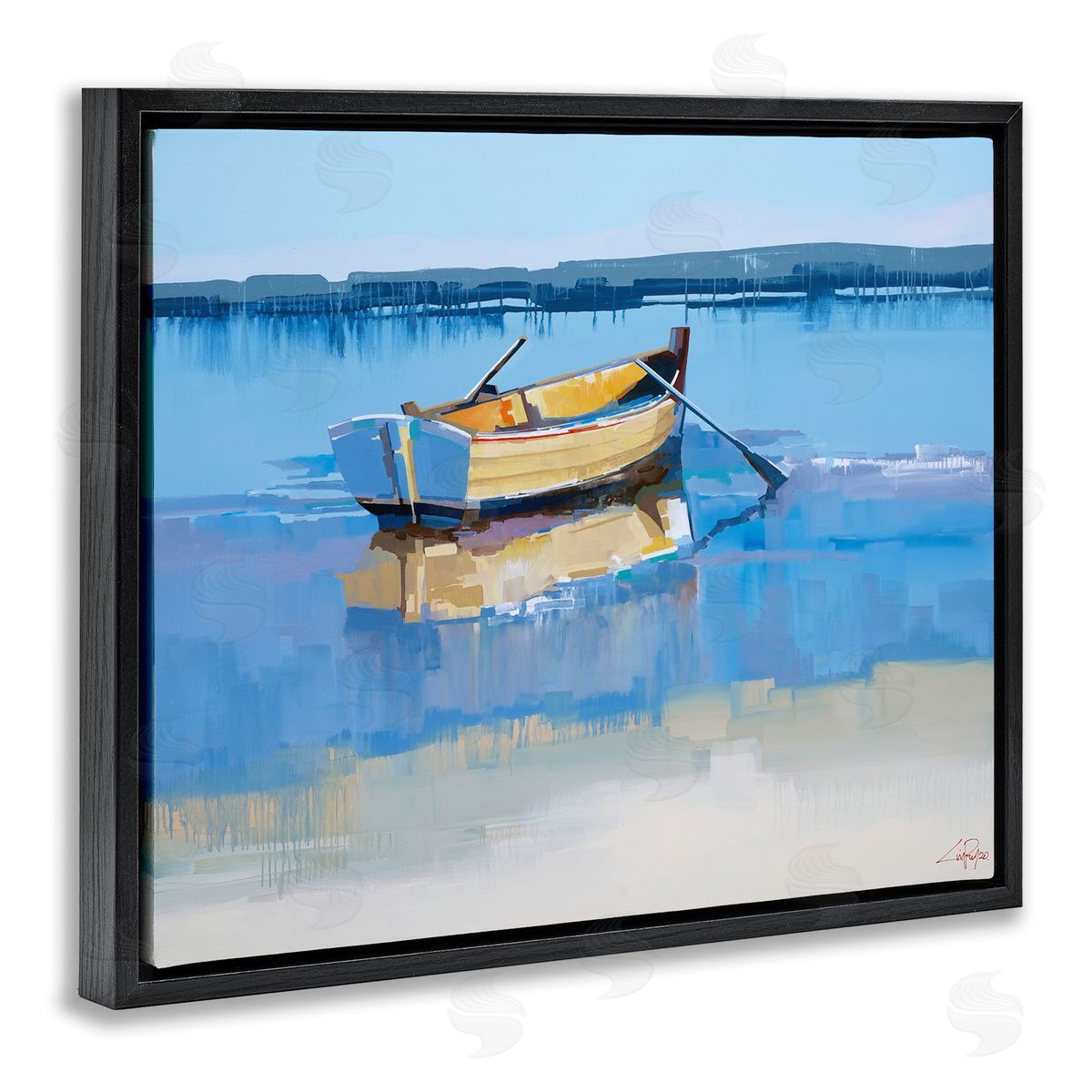 Craig Trewin Penny Row Boat on Blue Coastal Shore Beach Landscape Black Floater Frame Canvas Art