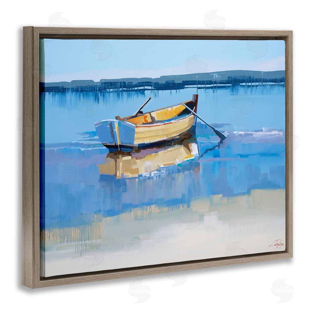 Craig Trewin Penny Row Boat on Blue Coastal Shore Beach Landscape Brown Floater Frame Canvas Art