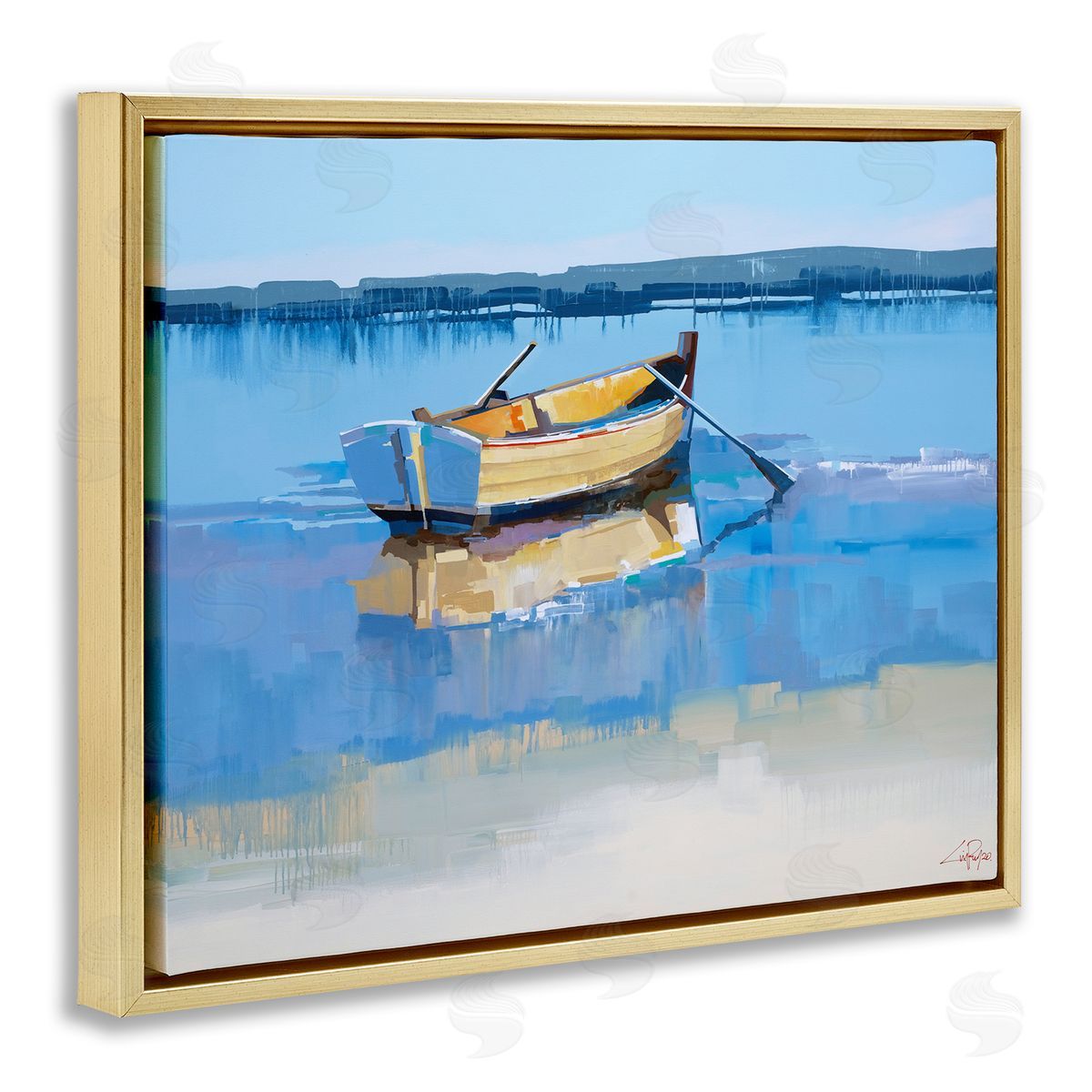 Craig Trewin Penny Row Boat on Blue Coastal Shore Beach Landscape Gold Floater Frame Canvas Art