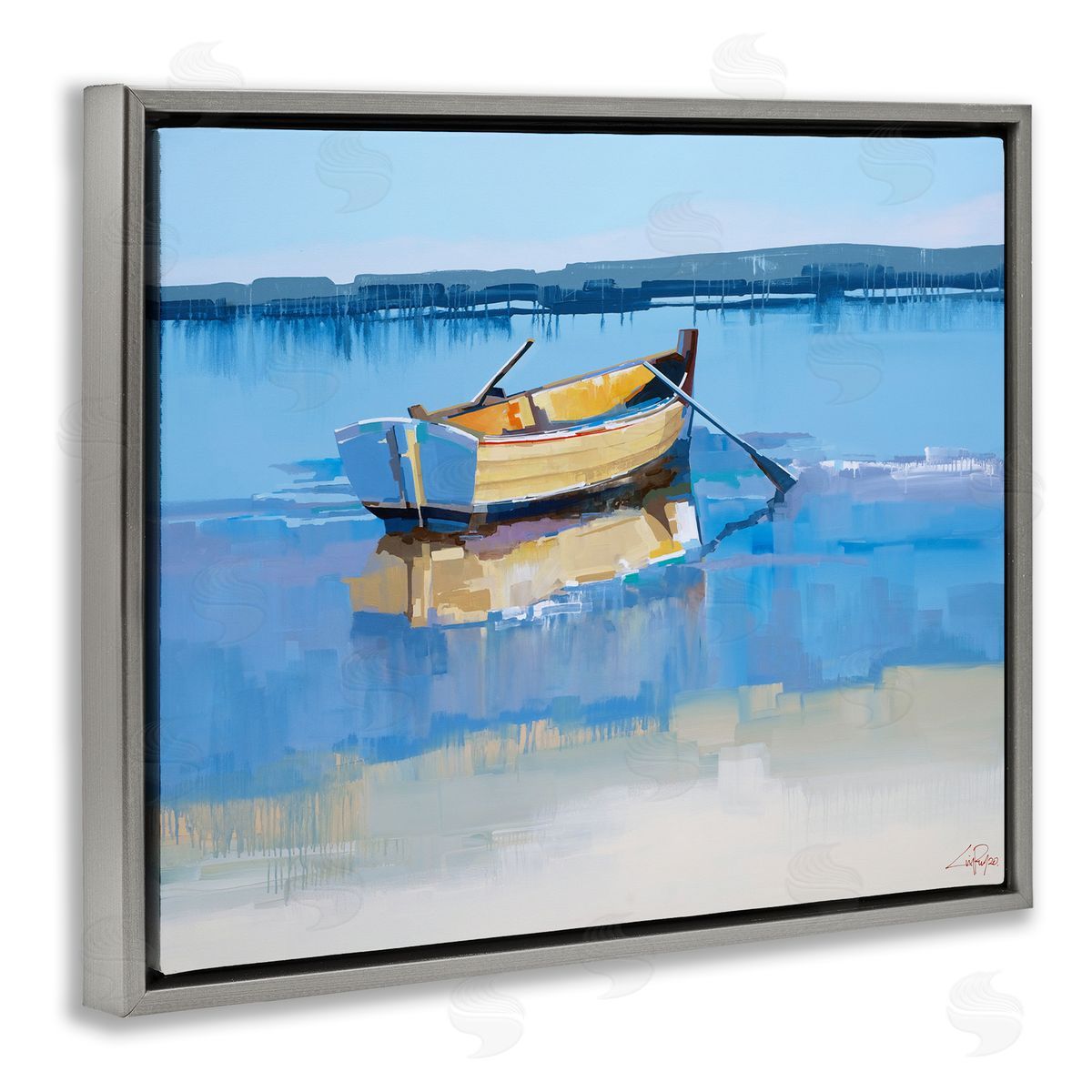 Craig Trewin Penny Row Boat on Blue Coastal Shore Beach Landscape Gray Floater Frame Canvas Art