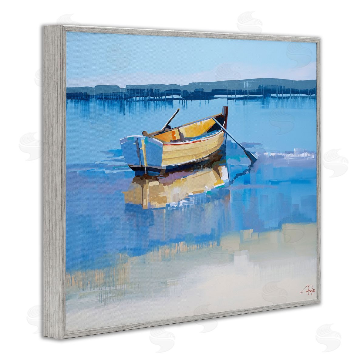 Craig Trewin Penny Row Boat on Blue Coastal Shore Beach Landscape Gray Framed Giclee Wall Art