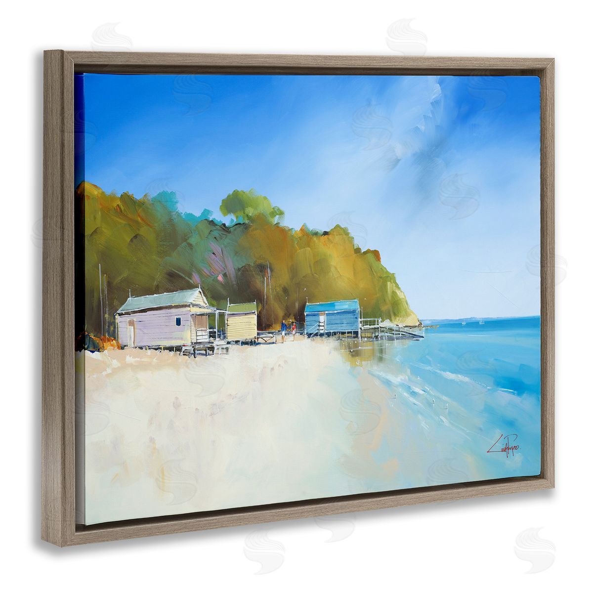 Craig Trewin Penny Boat Shacks on Sandy Coast Beach Line Brown Floater Frame Canvas Art