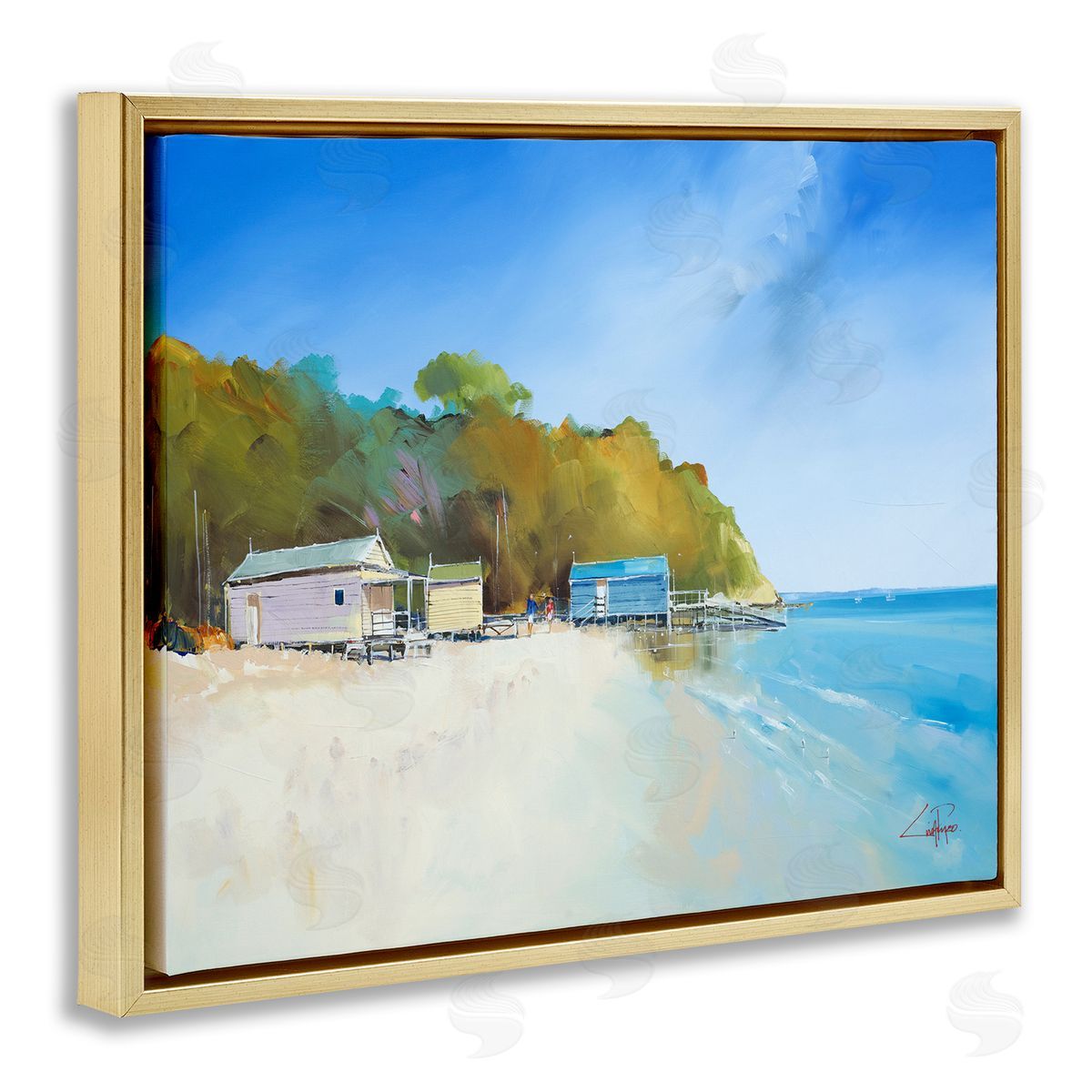 Craig Trewin Penny Boat Shacks on Sandy Coast Beach Line Gold Floater Frame Canvas Art