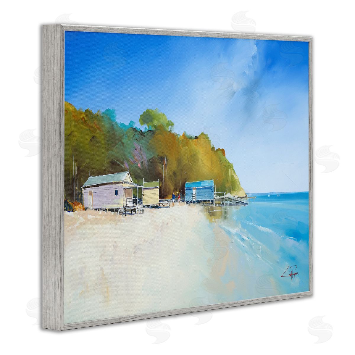 Craig Trewin Penny Boat Shacks on Sandy Coast Beach Line Gray Framed Giclee Wall Art