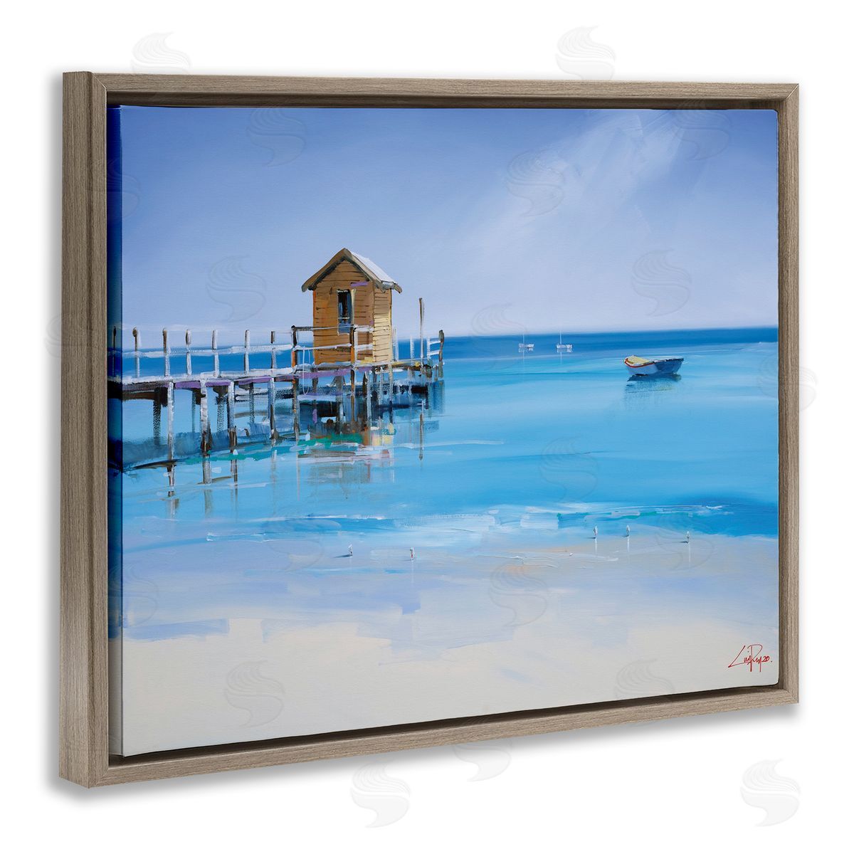 Craig Trewin Penny Yellow Shack on Beach Wharf Sandy Coast  Brown Floater Frame Canvas Art