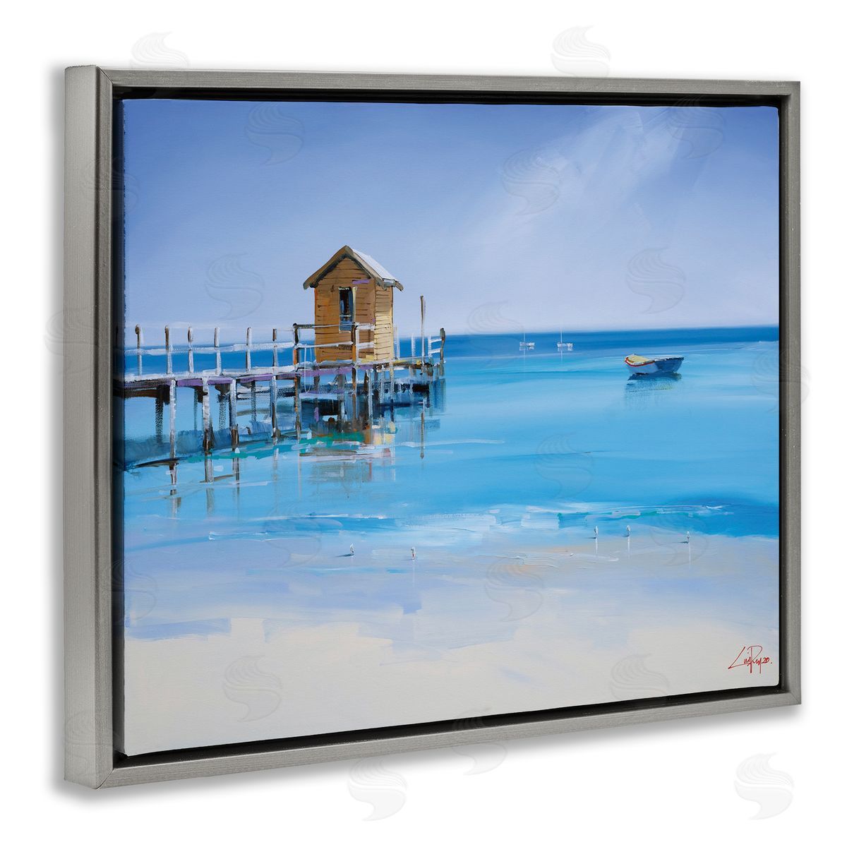 Craig Trewin Penny Yellow Shack on Beach Wharf Sandy Coast  Gray Floater Frame Canvas Art