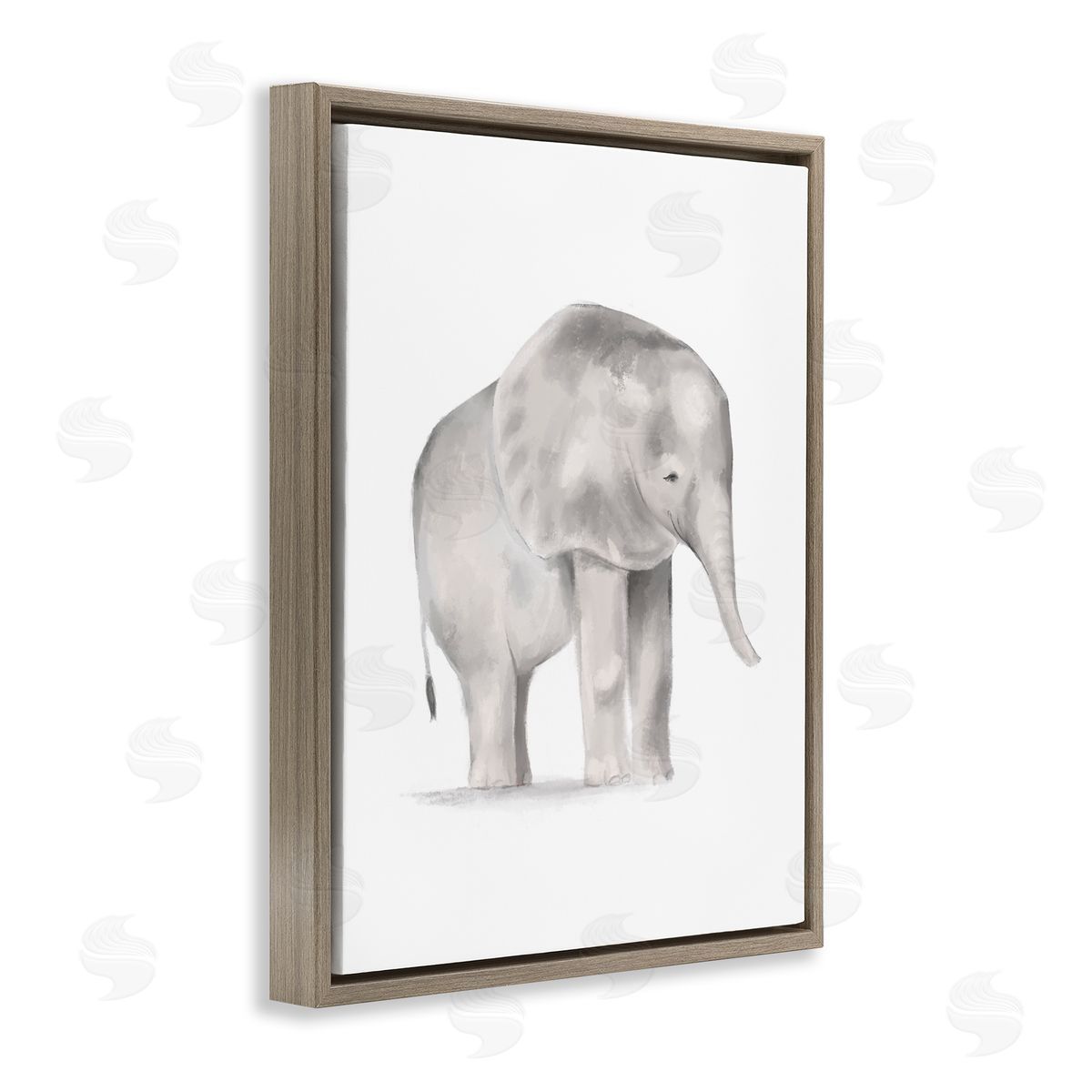 Stupell Studio Standing Baby Elephant Soft Grey Illustration Brown Floater Frame Canvas Art