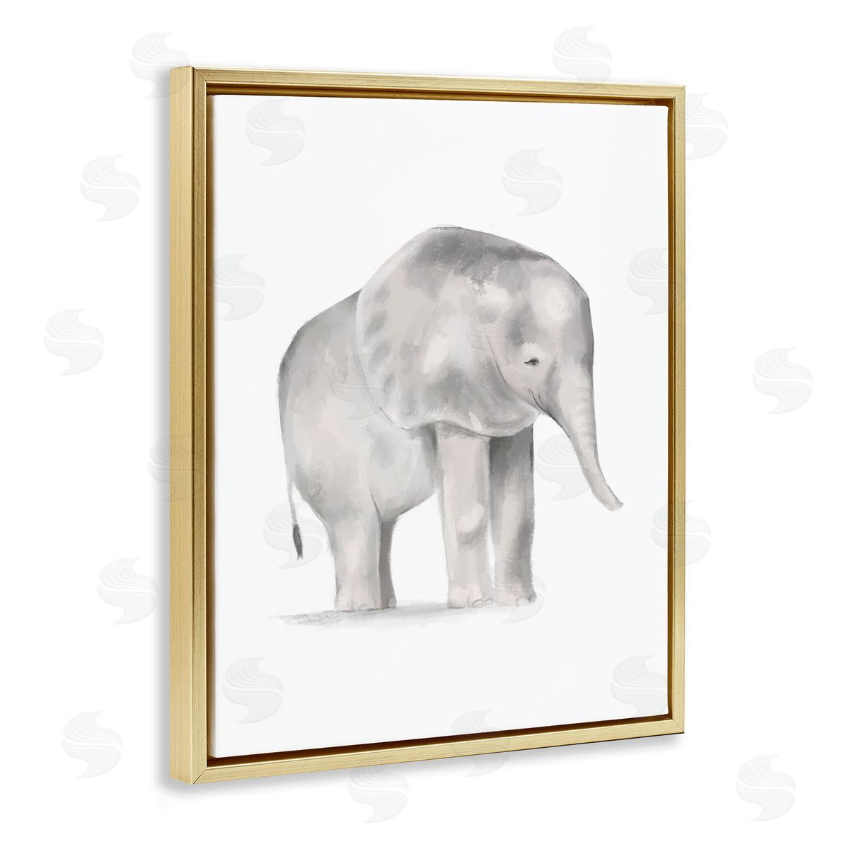 Stupell Studio Standing Baby Elephant Soft Grey Illustration Gold Floater Frame Canvas Art
