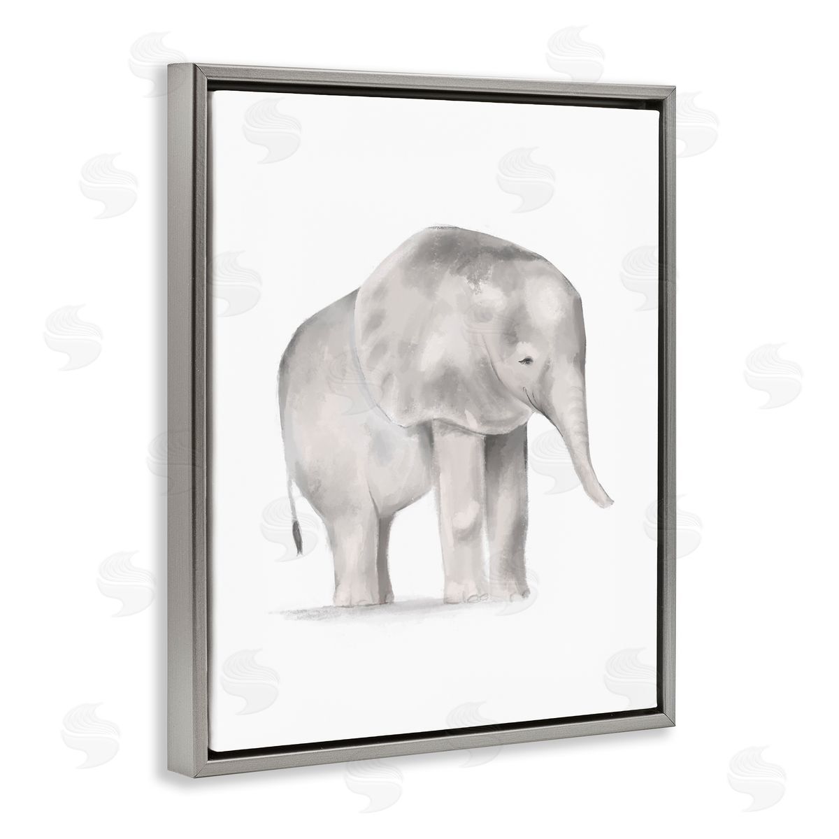 Stupell Studio Standing Baby Elephant Soft Grey Illustration Gray Floater Frame Canvas Art