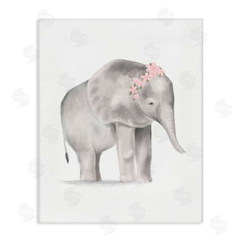 Stupell Studio | Floral Crown Baby Elephant Soft Pink Grey Illustration