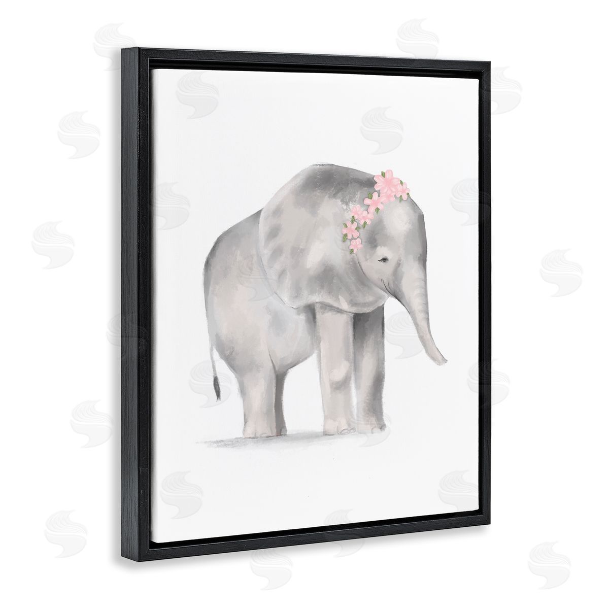 Stupell Studio Floral Crown Baby Elephant Soft Pink Grey Illustration Black Floater Frame Canvas Art