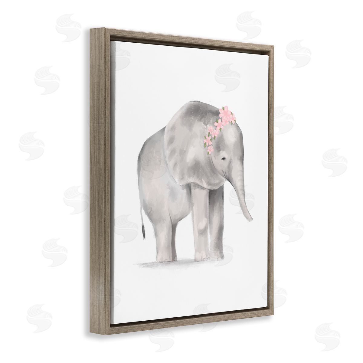 Stupell Studio Floral Crown Baby Elephant Soft Pink Grey Illustration Brown Floater Frame Canvas Art