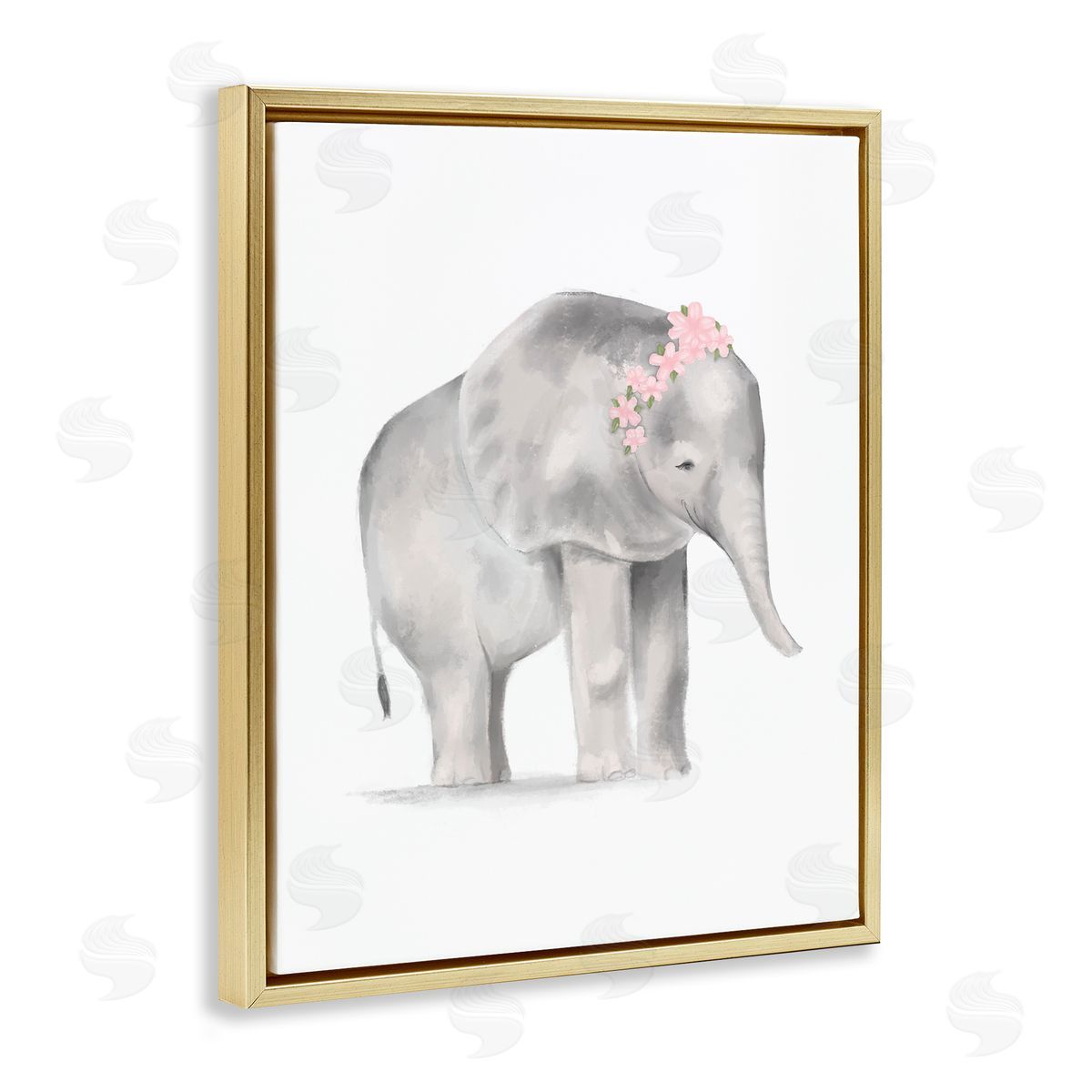 Stupell Studio Floral Crown Baby Elephant Soft Pink Grey Illustration Gold Floater Frame Canvas Art