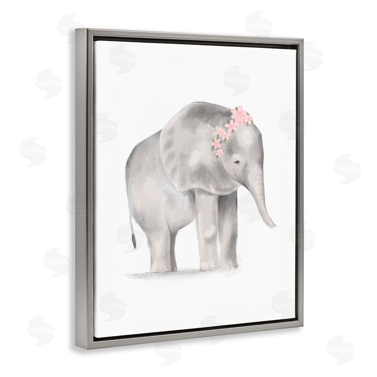Stupell Studio Floral Crown Baby Elephant Soft Pink Grey Illustration Gray Floater Frame Canvas Art