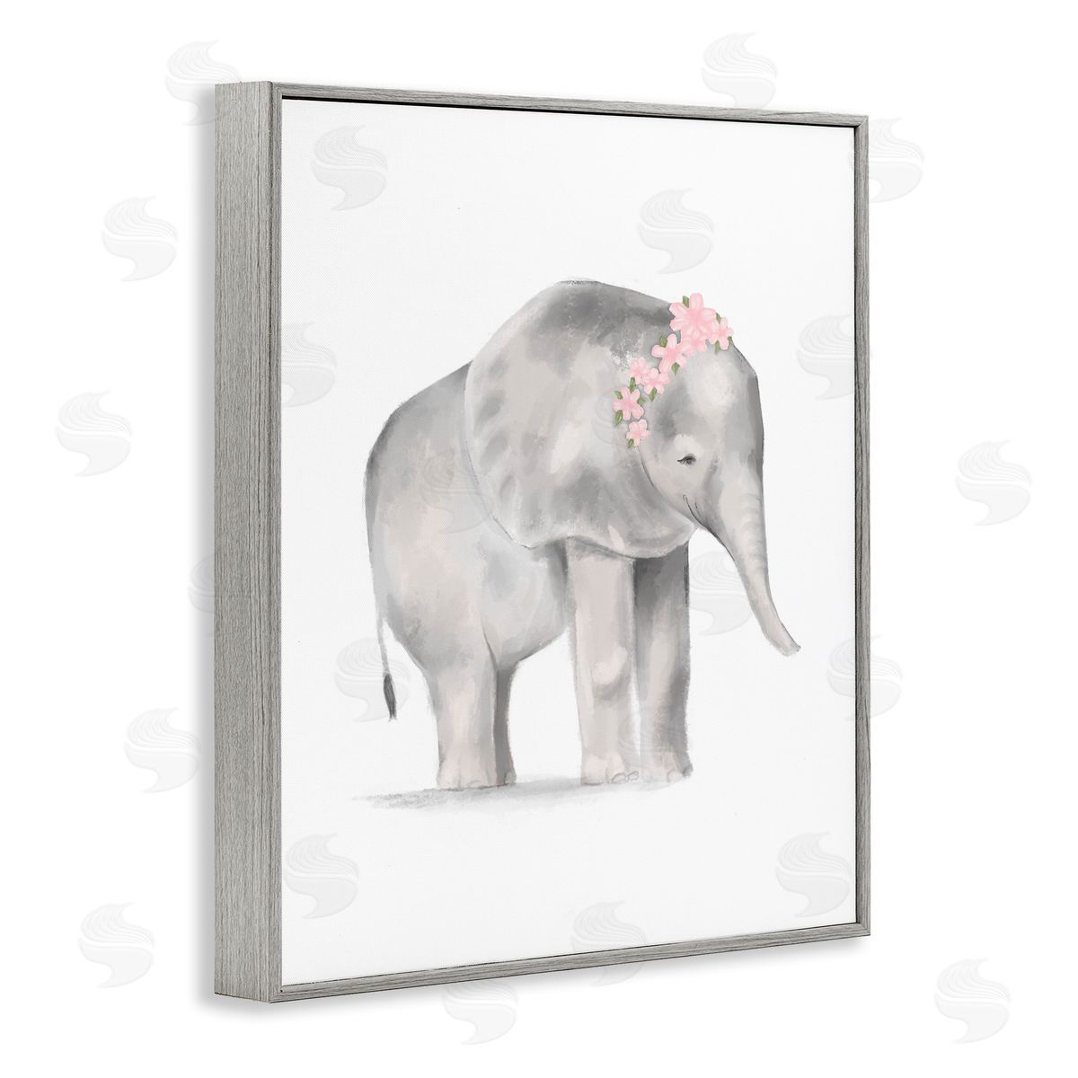 Stupell Studio Floral Crown Baby Elephant Soft Pink Grey Illustration Gray Framed Giclee Wall Art