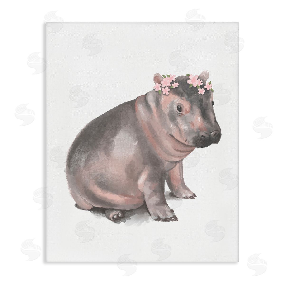 Stupell Studio Floral Crown Baby Hippo Soft Animal Illustration Canvas Wall Art