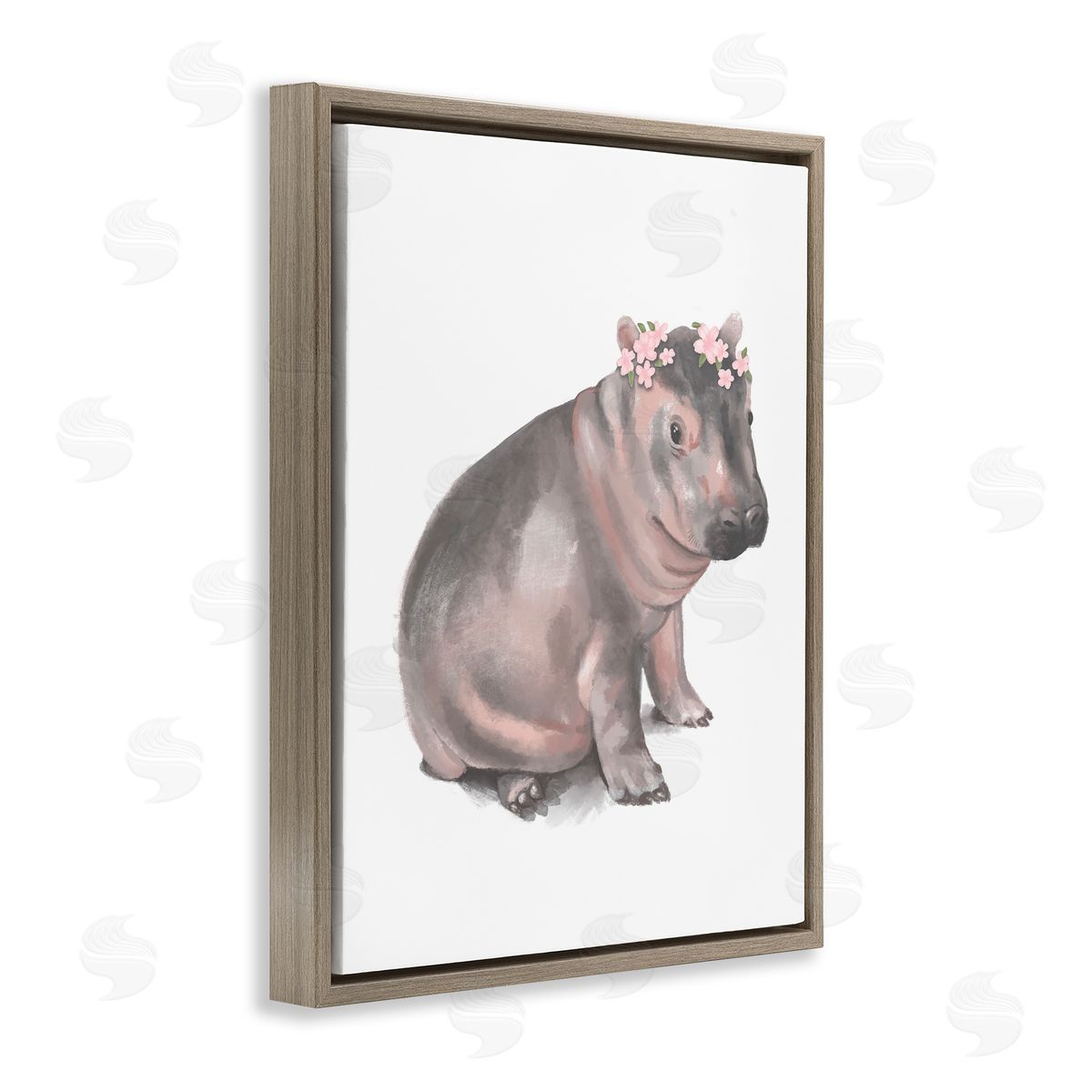 Stupell Studio Floral Crown Baby Hippo Soft Animal Illustration Brown Floater Frame Canvas Art