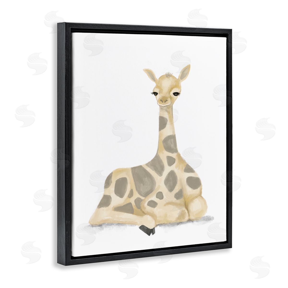 Stupell Studio Baby Giraffe Resting Soft Yellow Brown Illustration Black Floater Frame Canvas Art