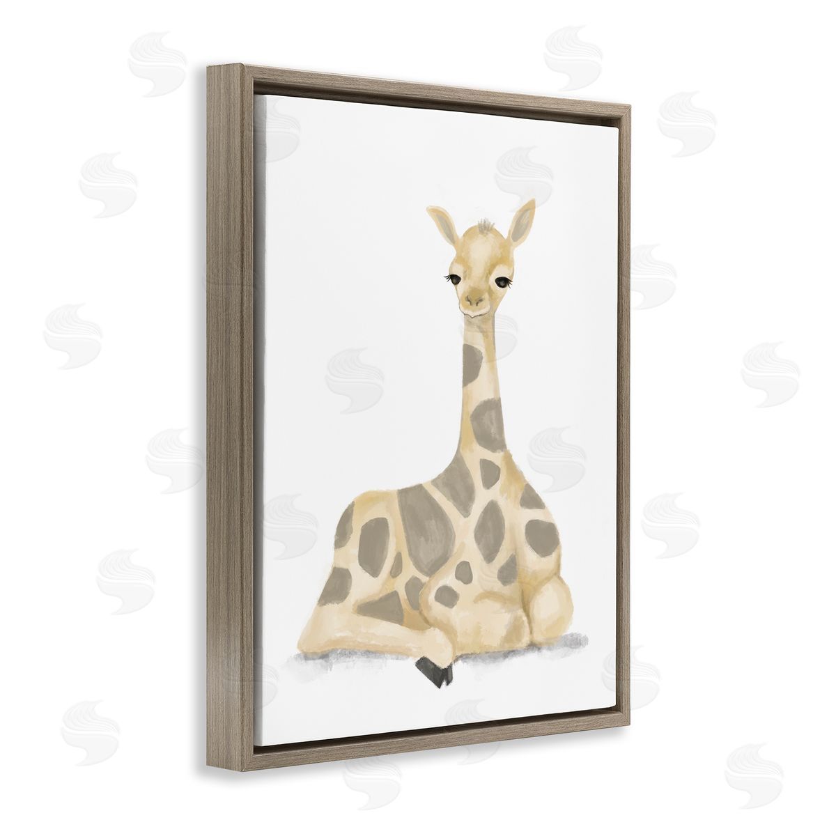 Stupell Studio Baby Giraffe Resting Soft Yellow Brown Illustration Brown Floater Frame Canvas Art