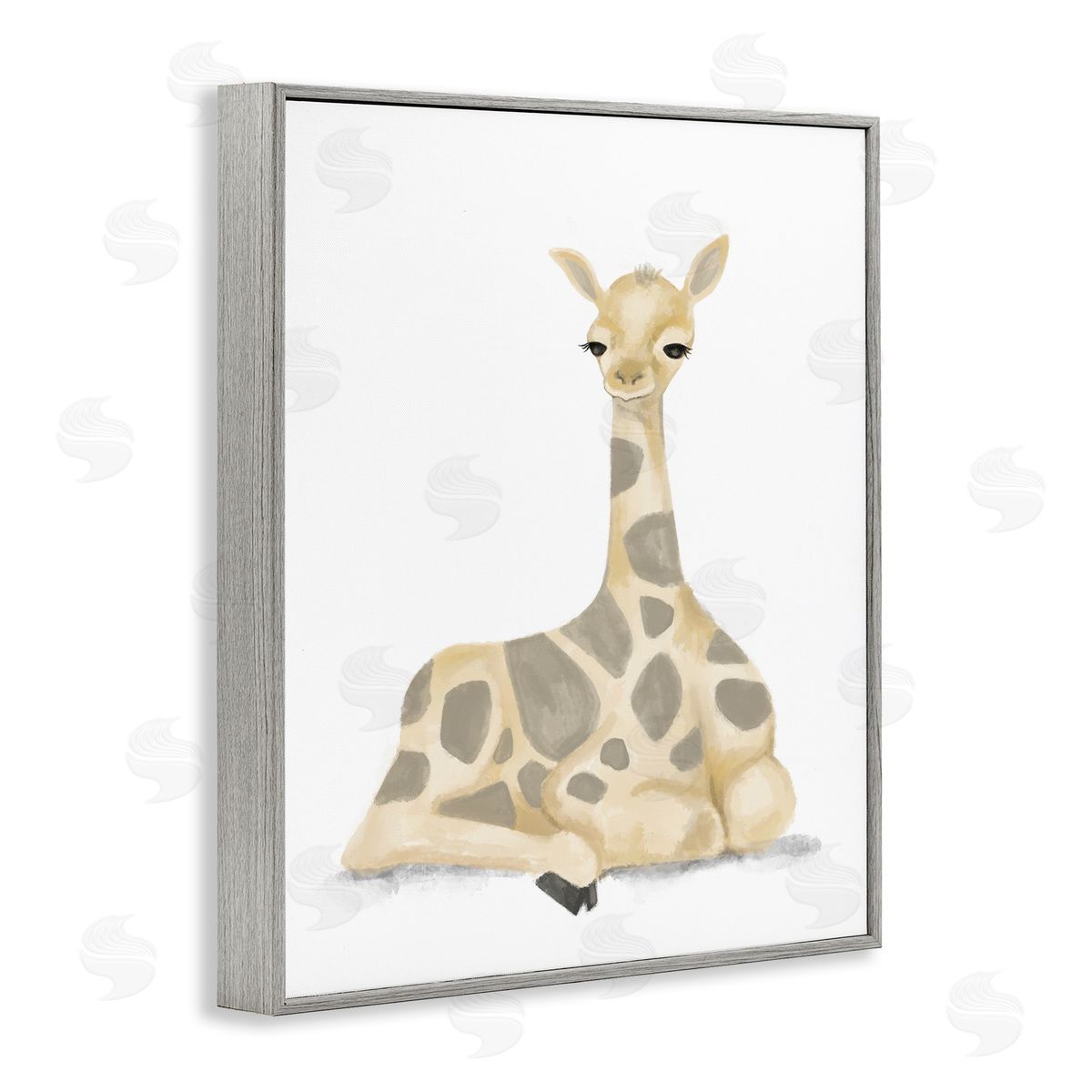Stupell Studio Baby Giraffe Resting Soft Yellow Brown Illustration Gray Framed Giclee Wall Art