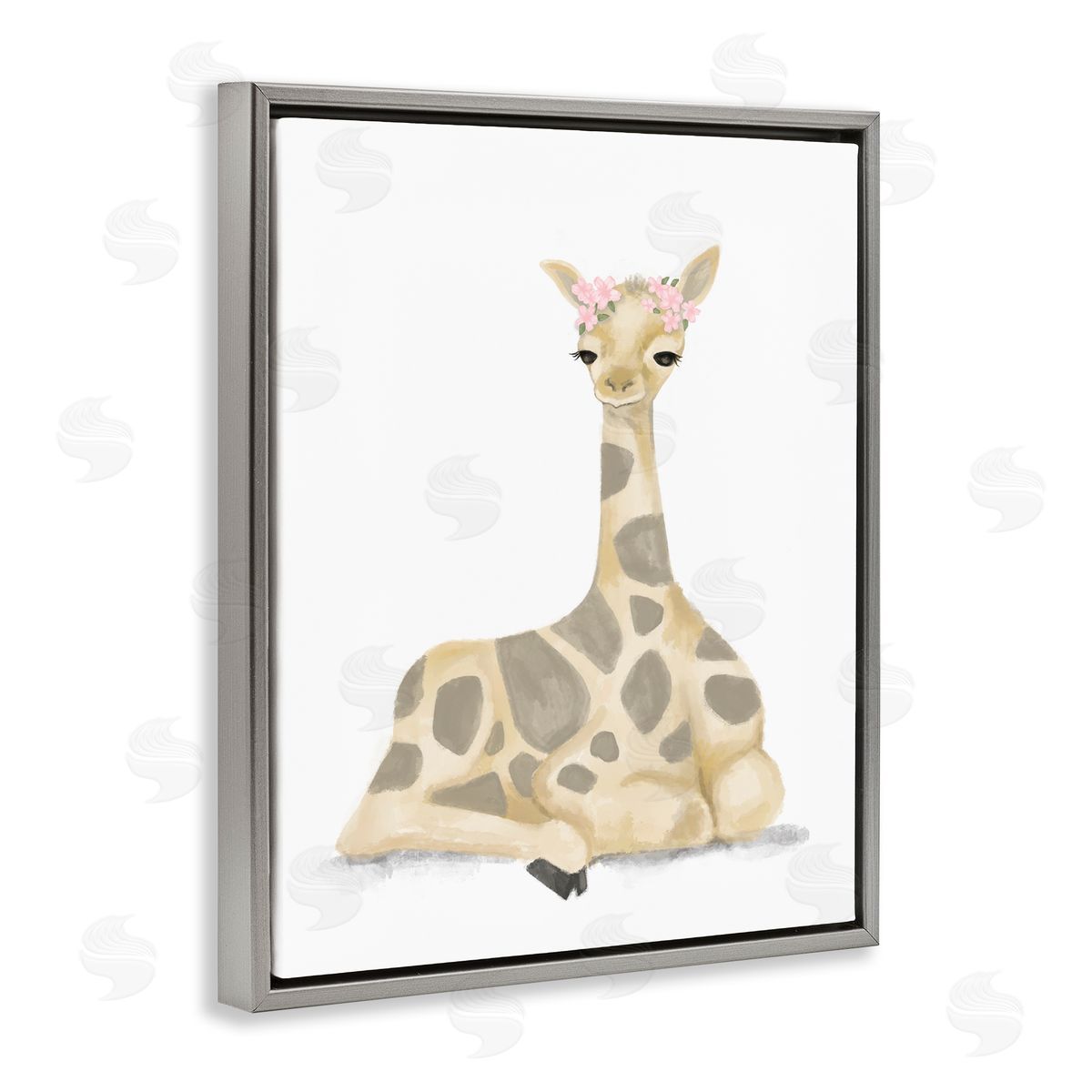 Stupell Studio Floral Crown Baby Giraffe Soft Animal Illustration Gray Floater Frame Canvas Art