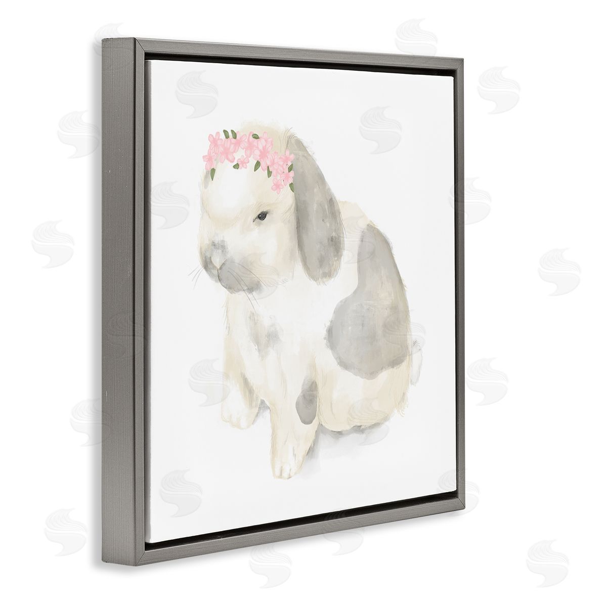 Stupell Studio Floral Crown Baby Bunny Soft Animal Illustration Gray Floater Frame Canvas Art