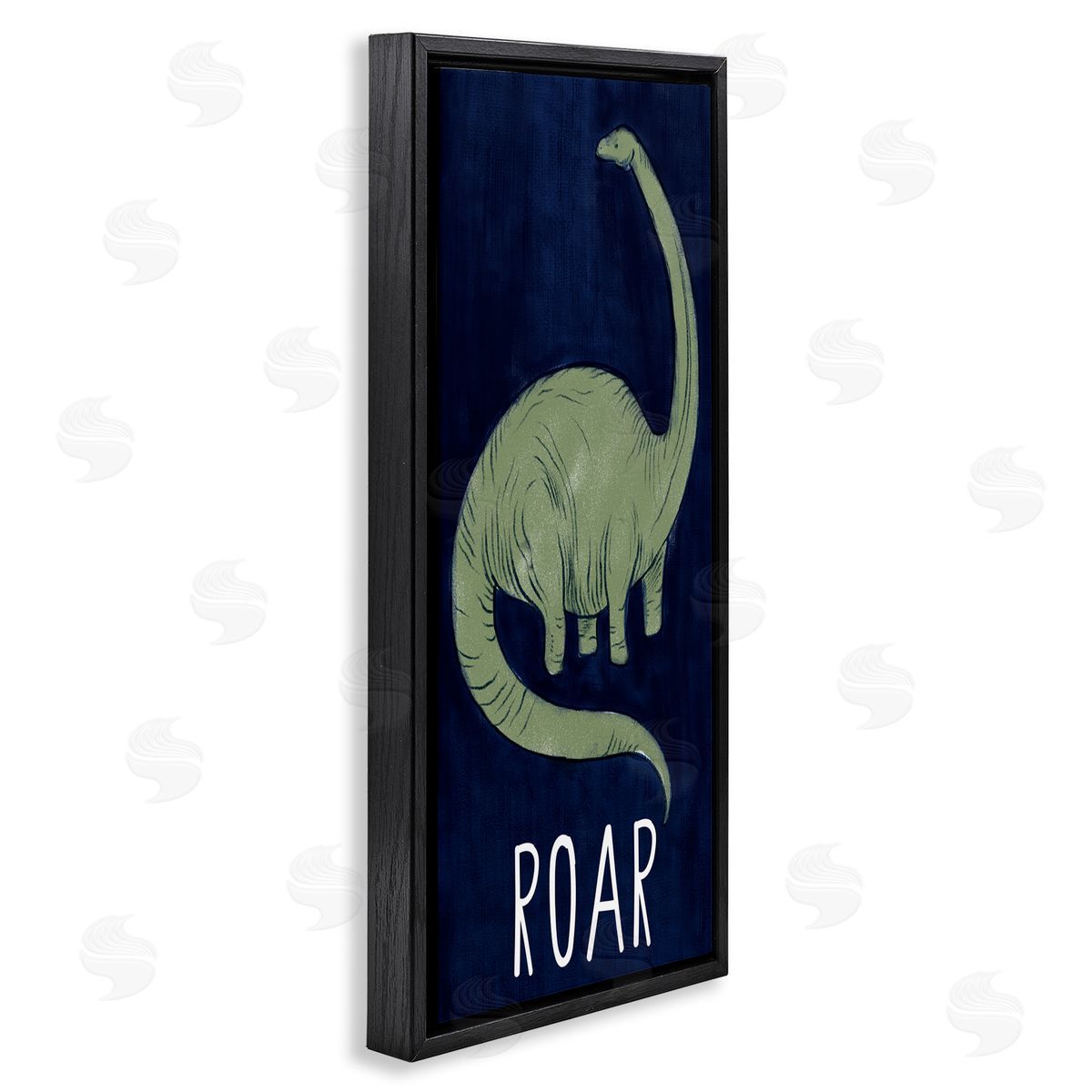 Stupell Studio Tall Green Dinosaur Roar Text Over Blue Black Floater Frame Canvas Art