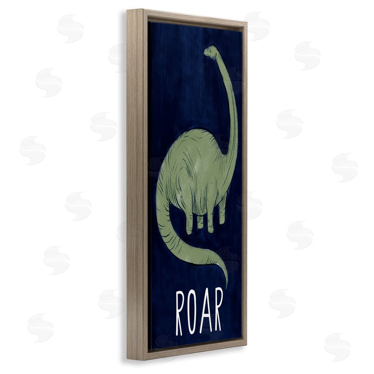 Stupell Studio Tall Green Dinosaur Roar Text Over Blue Brown Floater Frame Canvas Art