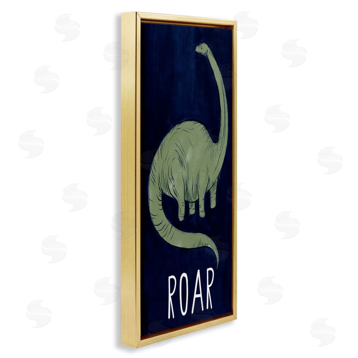 Stupell Studio Tall Green Dinosaur Roar Text Over Blue Gold Floater Frame Canvas Art