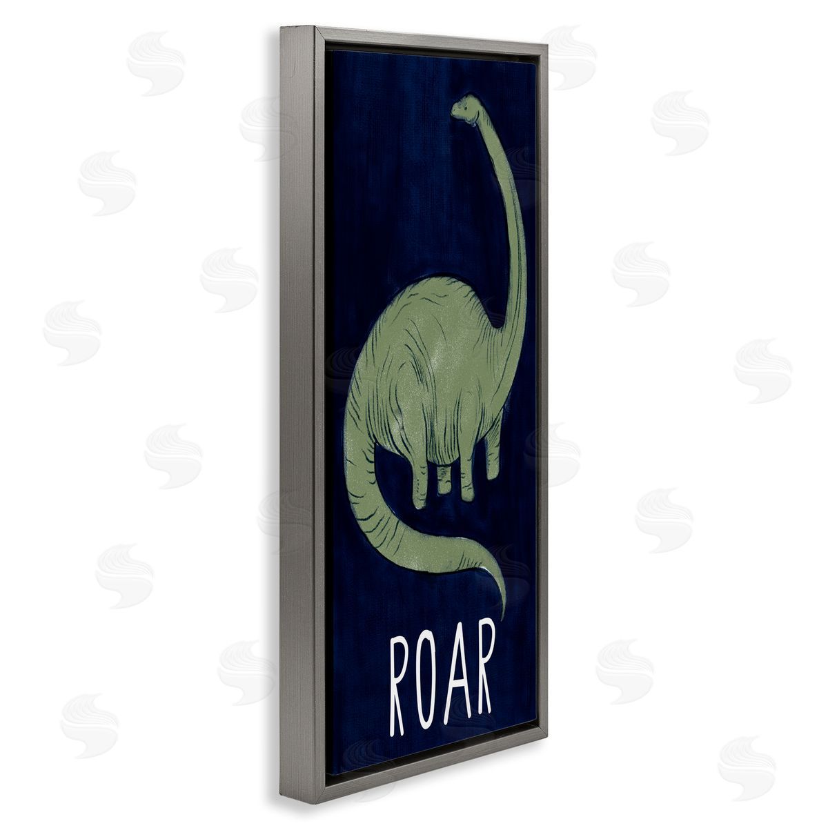 Stupell Studio Tall Green Dinosaur Roar Text Over Blue Gray Floater Frame Canvas Art
