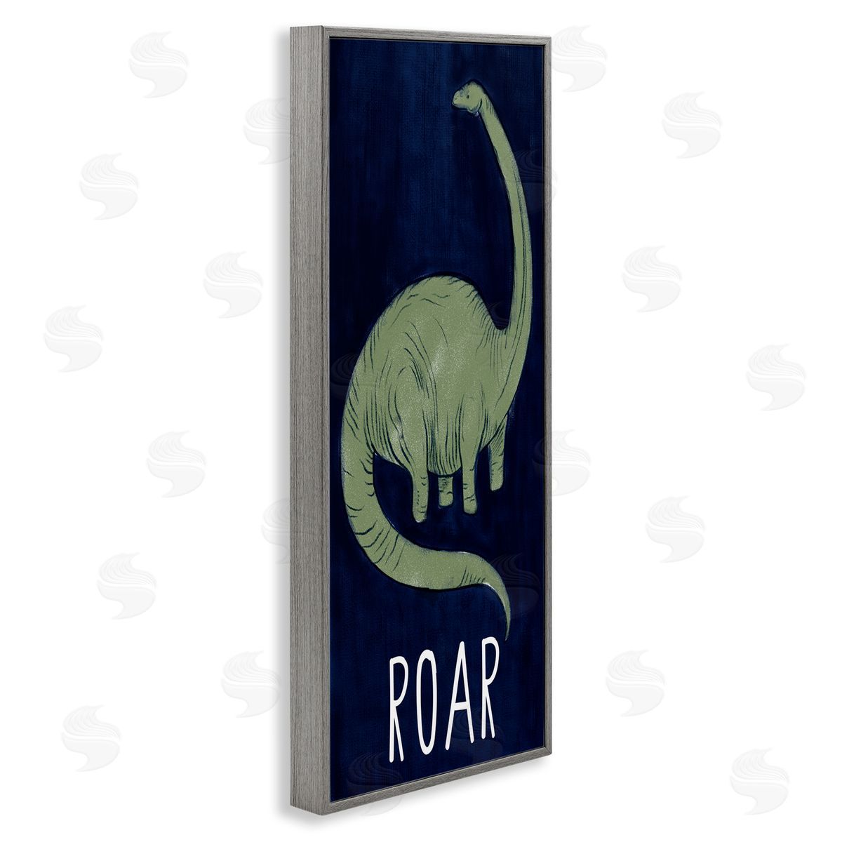 Stupell Studio Tall Green Dinosaur Roar Text Over Blue Gray Framed Giclee Wall Art