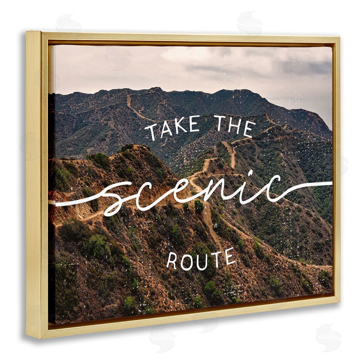 Stupell Studio Take Scenic Route Phrase Mountain Road Landscape Gold Floater Frame Canvas Art