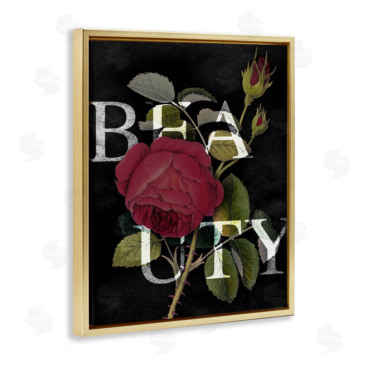Stupell Studio Beauty Text over Vintage Red Thorned Rose Gold Floater Frame Canvas Art