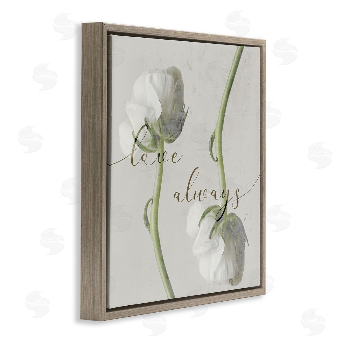 Stupell Studio Love Always Phrase Asymmetrical Floral White Roses Brown Floater Frame Canvas Art