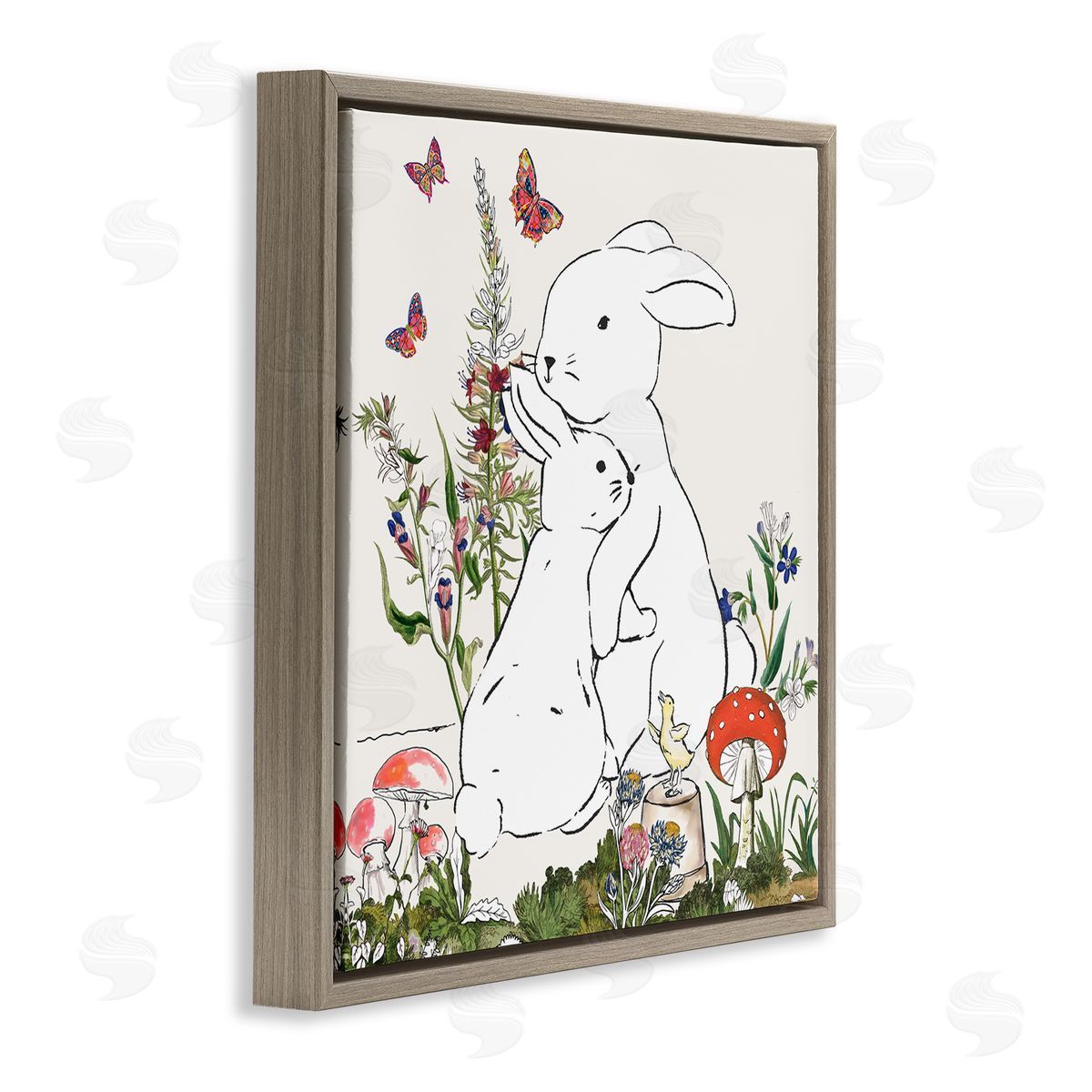 Sangita Bachelet Rabbit Hugs in Spring Meadow Butterfly Garden Brown Floater Frame Canvas Art