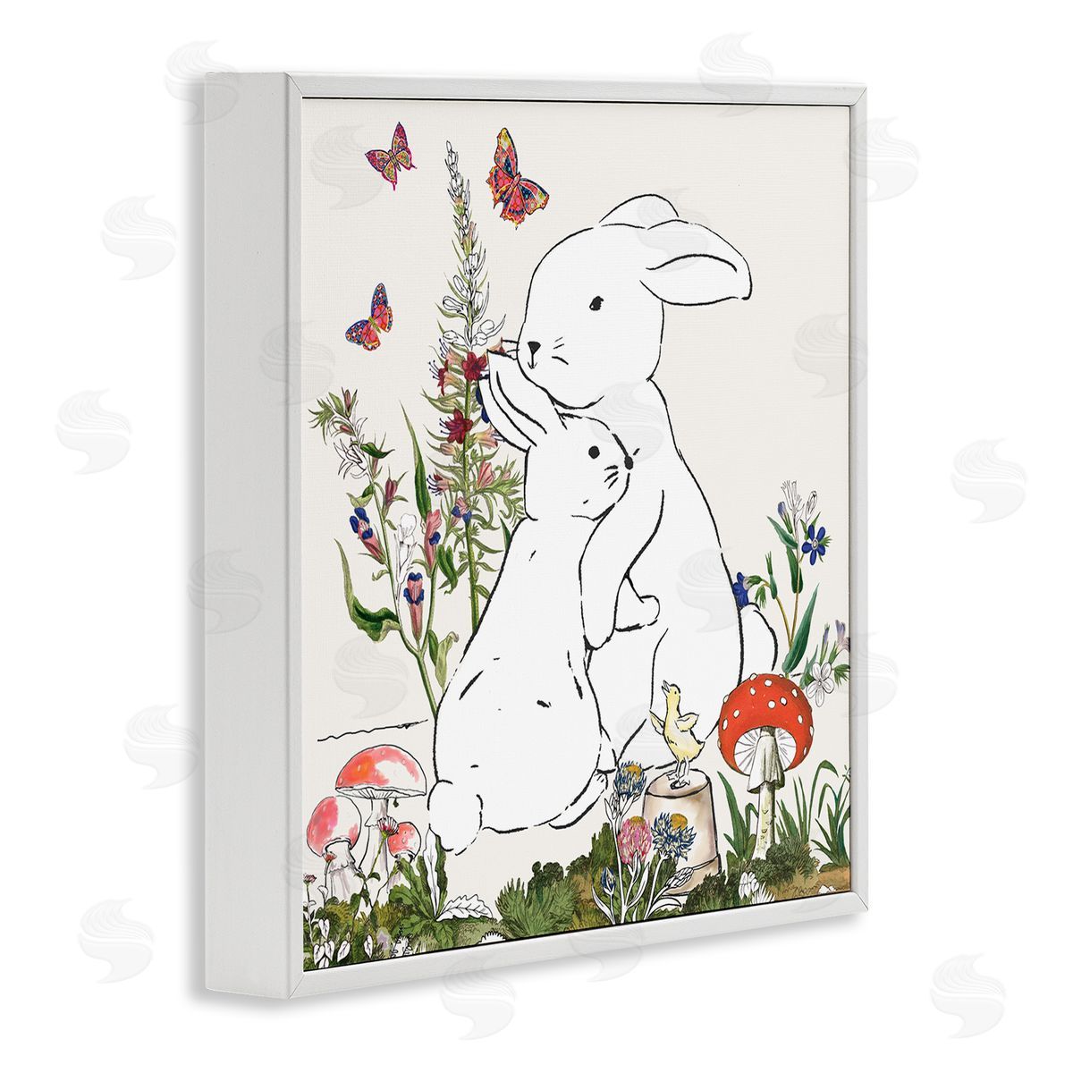Sangita Bachelet Rabbit Hugs in Spring Meadow Butterfly Garden White Framed Giclee Wall Art