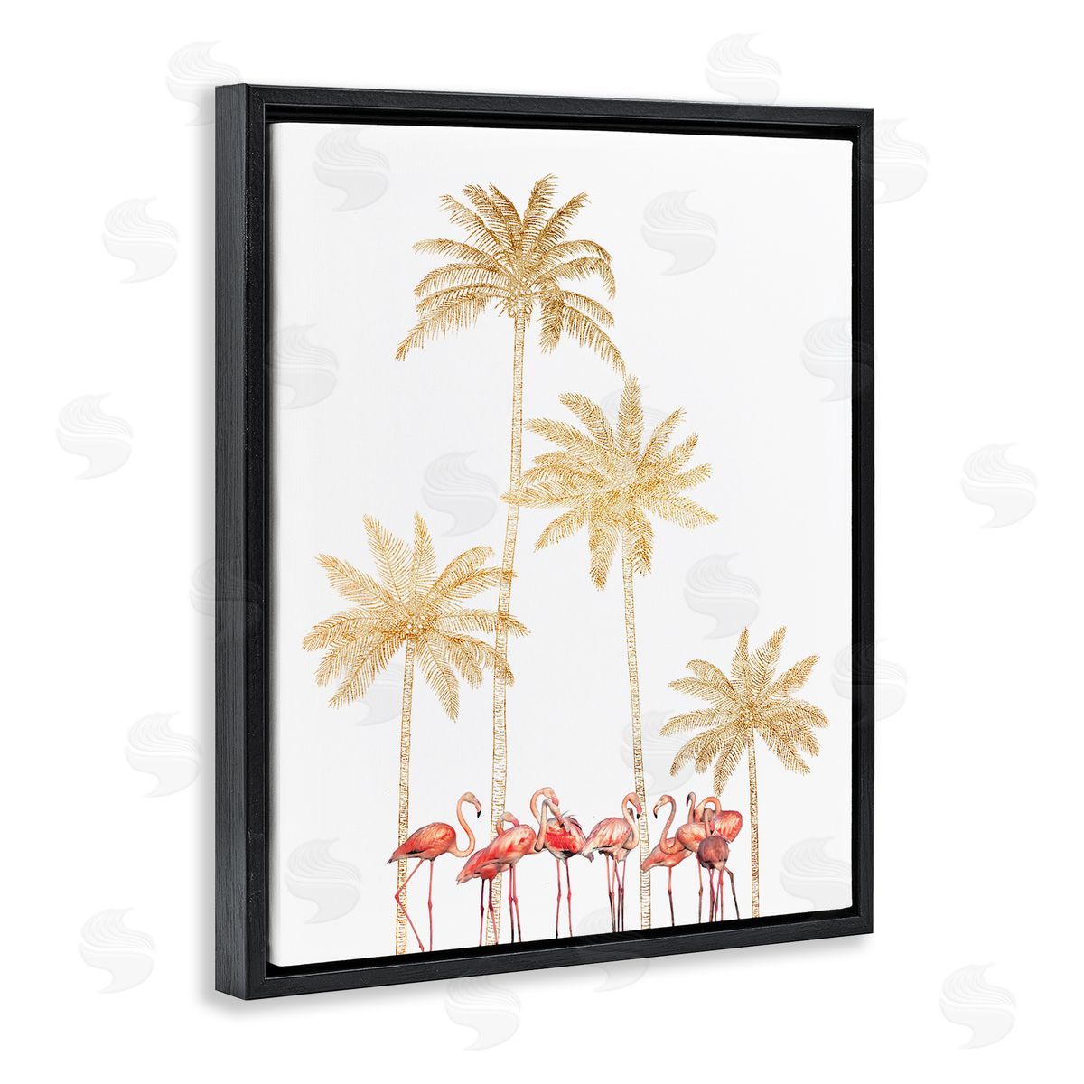 Ziwei Li Pink Flamingos Tropical Gold Outline Palm Trees Black Floater Frame Canvas Art